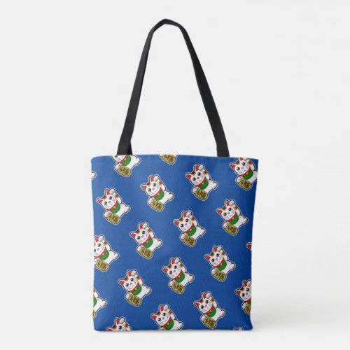 Blue Japanese Lucky Cat Pattern Tote Bag