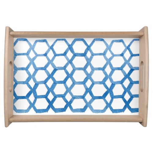 Blue Japanese Shibori polygon watercolor pattern Serving Tray