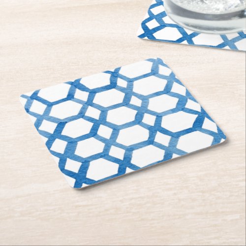 Blue Japanese Shibori polygon watercolor pattern Square Paper Coaster