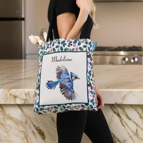 Blue Jay and Colorful Blue n Pink Berries Monogram Tote Bag