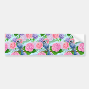Blue jay and flowers watercolor pattern bumper sticker