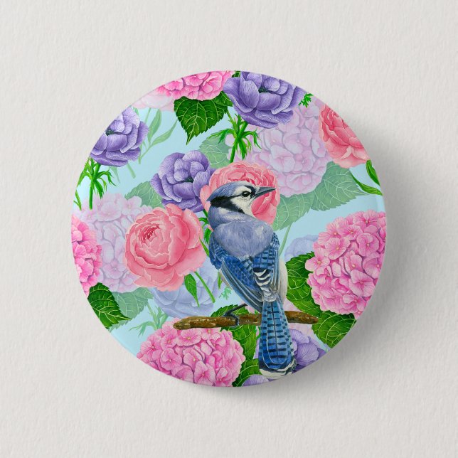 Blue jay and flowers watercolor pattern button (Front)