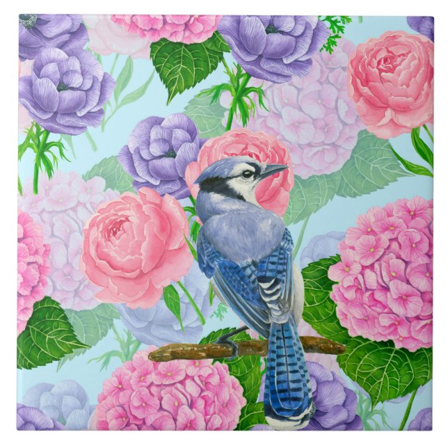 Blue jay and flowers watercolor pattern ceramic tile (Front)