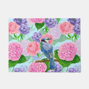 Blue jay and flowers watercolor pattern doormat