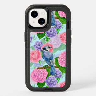 Blue jay and flowers watercolor pattern OtterBox iPhone 14 case