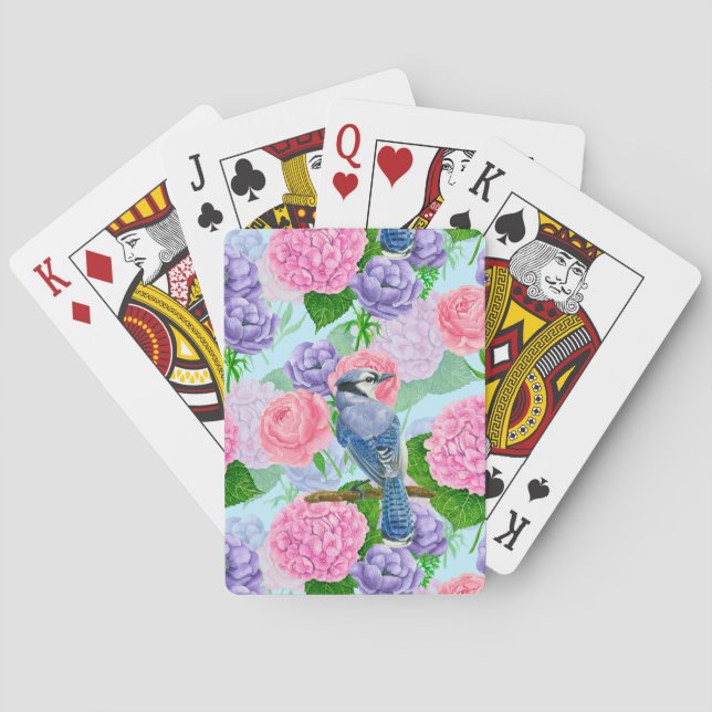 Blue jay and flowers watercolor pattern poker cards (Back)