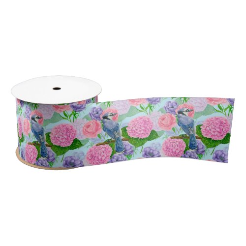 Blue jay and flowers watercolor pattern satin ribbon