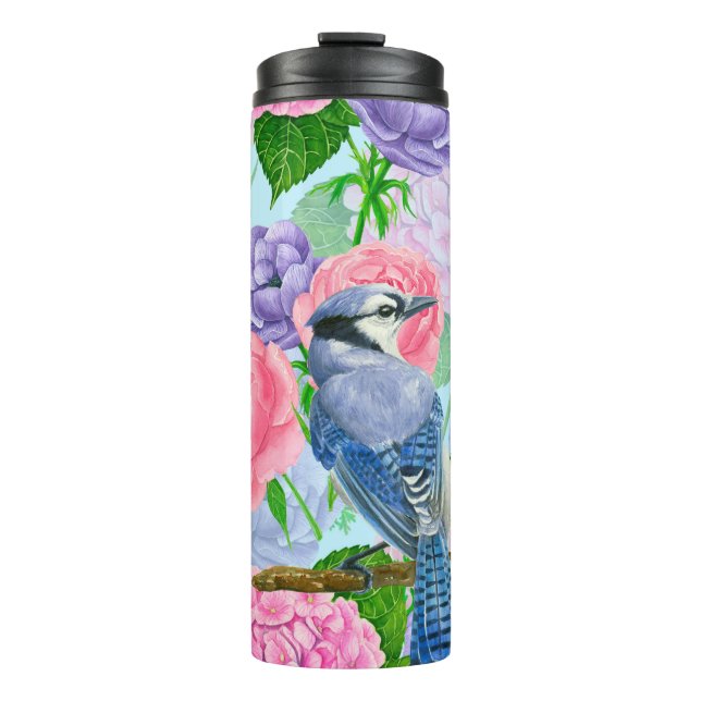 Blue jay and flowers watercolor pattern thermal tumbler (Front)