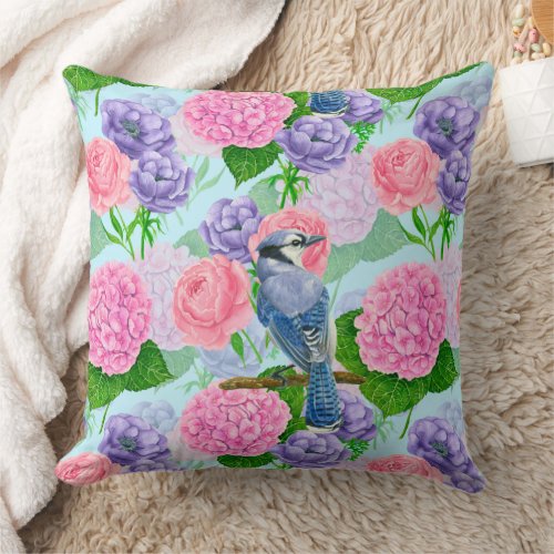 Blue jay and flowers watercolor pattern throw pillow