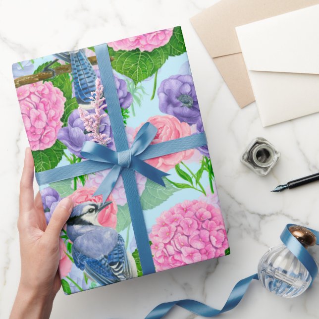 Blue jay and flowers watercolor pattern wrapping p paper (Gifting)