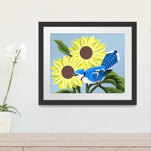 Blue Jay Bird Among Sunflowers Framed Art