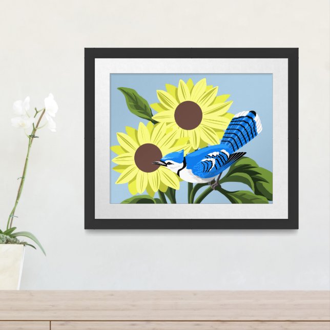 Blue Jay Bird Among Sunflowers Framed Art (Entryway)