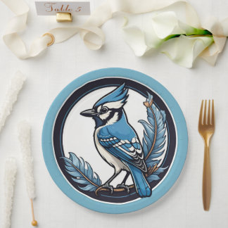 Blue Jay Bird and Feathers Blue Paper Plates