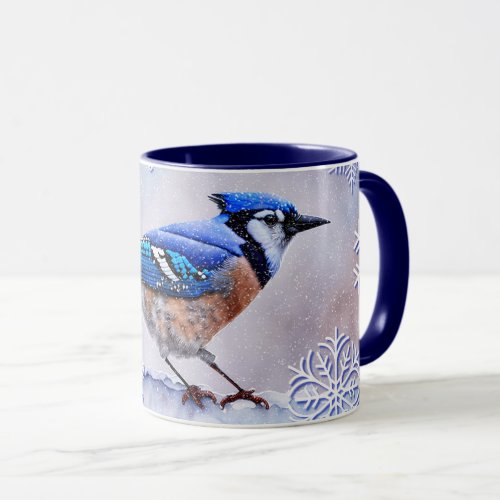 Blue Jay Bird Art Snow Snowflakes Holiday Mug Cup