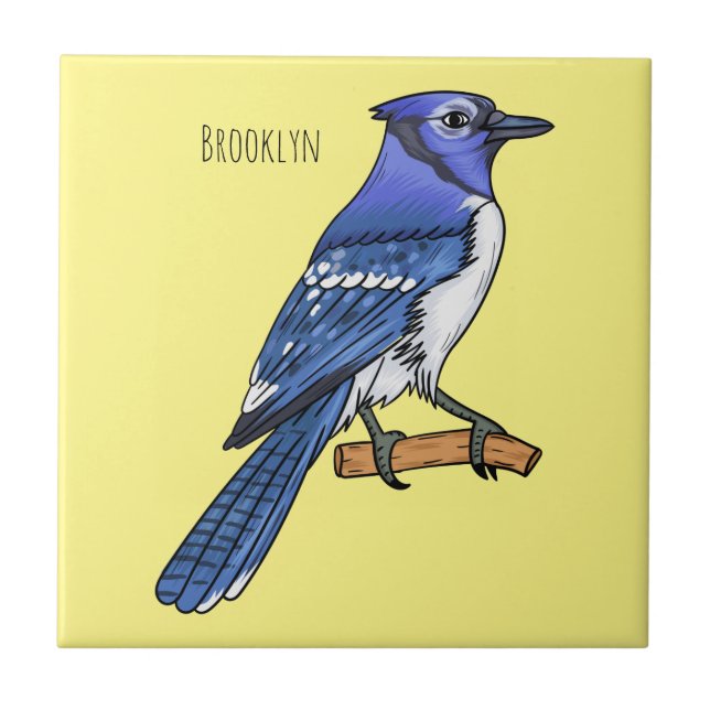 Blue jay bird cartoon illustration  ceramic tile (Front)