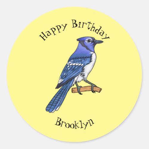 Blue jay bird cartoon illustration classic round sticker