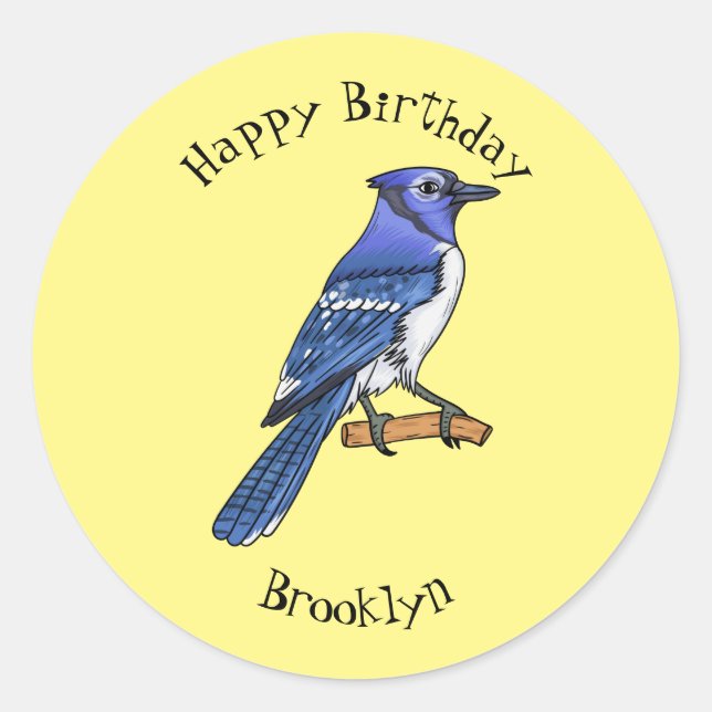 Blue jay bird cartoon illustration classic round sticker (Front)