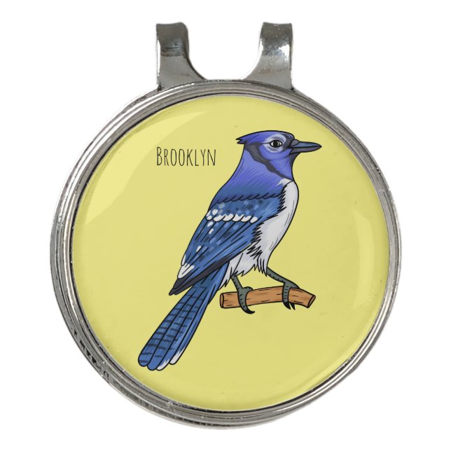 Blue jay bird cartoon illustration  golf hat clip (Front)