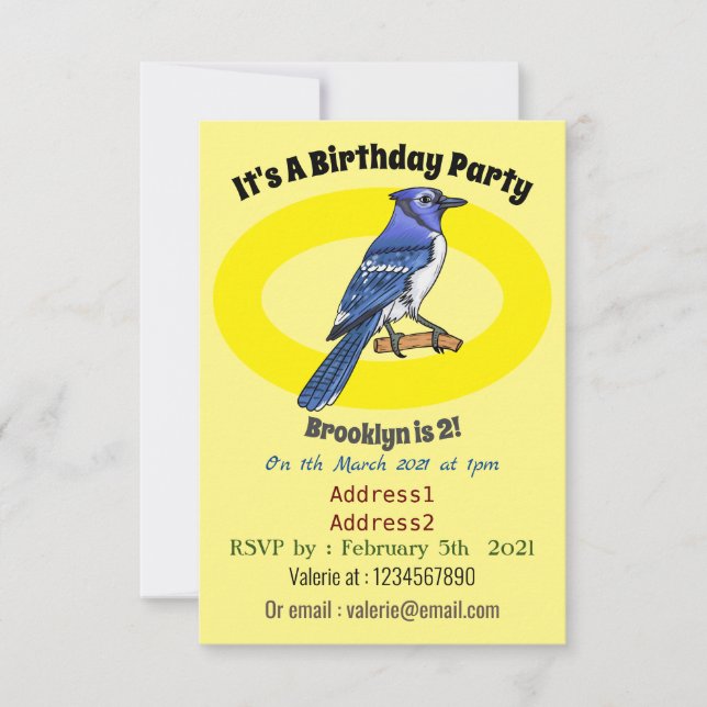 Blue jay bird cartoon illustration  invitation (Front)
