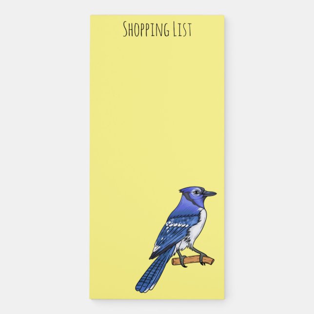 Blue jay bird cartoon illustration magnetic notepad (Front)