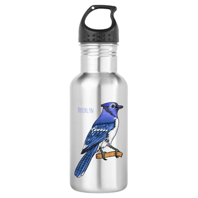 Blue jay bird cartoon illustration stainless steel water bottle (Front)