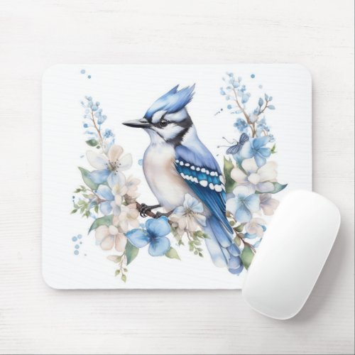 Blue Jay Bird Dusty Blue White Flowers Mouse Pad