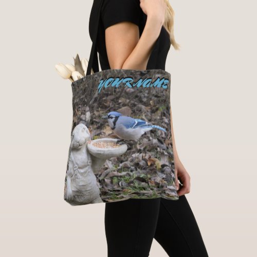 Blue Jay Bird Feeder and your name Tote Bag