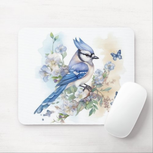 Blue Jay Bird Flowers Butterfly Springtime Mouse Pad