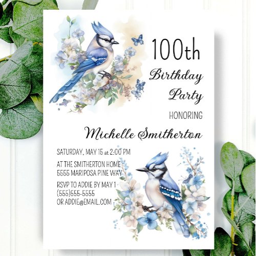 Blue Jay Bird Flowers Springtime 100th Birthday Invitation