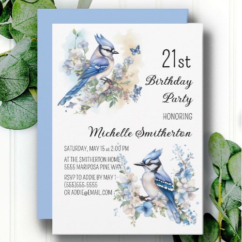 Blue Jay Bird Flowers Springtime 21st Birthday Invitation