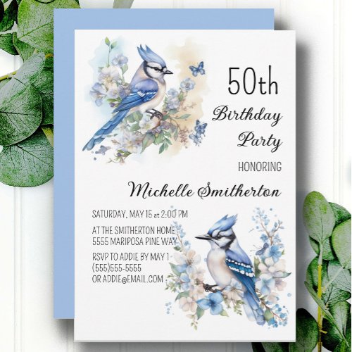 Blue Jay Bird Flowers Springtime 50th Birthday Invitation