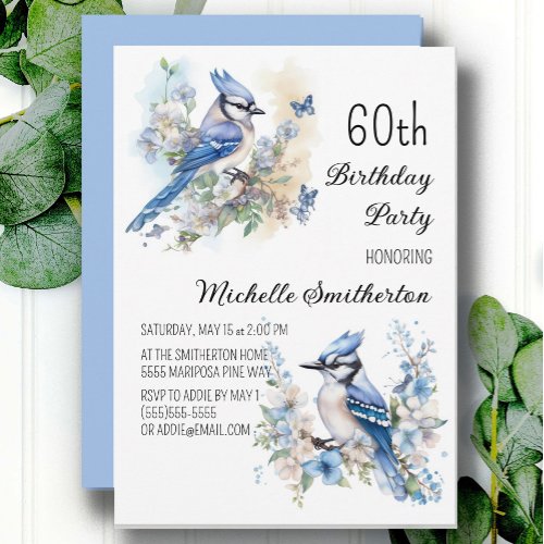 Blue Jay Bird Flowers Springtime 60th Birthday Invitation