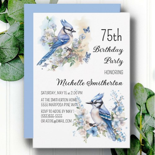 Blue Jay Bird Flowers Springtime 75th Birthday Invitation