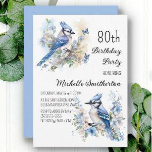 Blue Jay Bird Flowers Springtime 80th Birthday Invitation