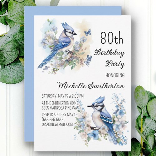 Blue Jay Bird Flowers Springtime 80th Birthday Invitation