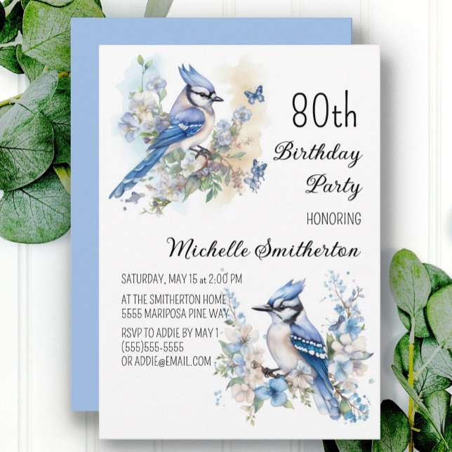 Blue Jay Bird Flowers Springtime 80th Birthday Invitation (Creator Uploaded)