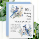 Blue Jay Bird Flowers Springtime 90th Birthday Invitation<br><div class="desc">90th birthday party invitation with paintings of beautiful Blue Jays sitting among blossoms in the branches of a tree. Contact me for assistance with your customizations or to request additional matching or coordinating Zazzle products for your celebration.</div>