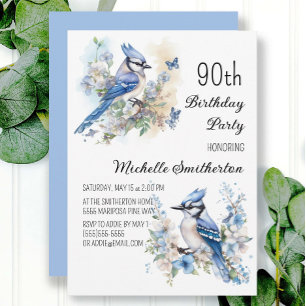 Blue Jay Bird Flowers Springtime 90th Birthday Invitation