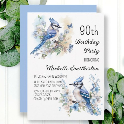 Blue Jay Bird Flowers Springtime 90th Birthday Invitation