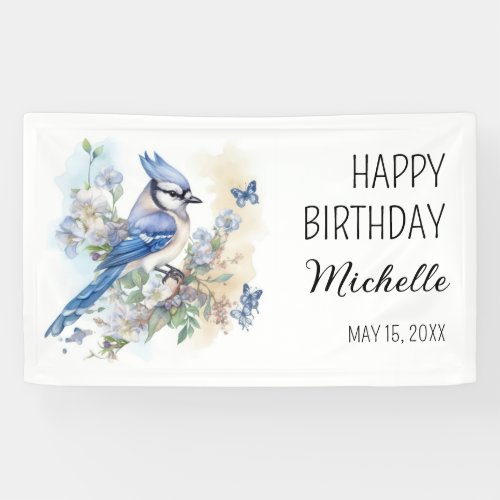 Blue Jay Bird Flowers Springtime Birthday Name Banner