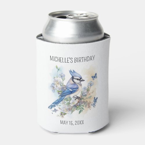 Blue Jay Bird Flowers Springtime Birthday Name Can Cooler