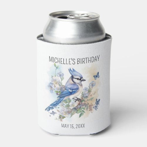 Blue Jay Bird Flowers Springtime Birthday Name Can Cooler