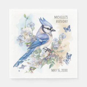 Blue Jay Bird Flowers Springtime Birthday Name Napkins