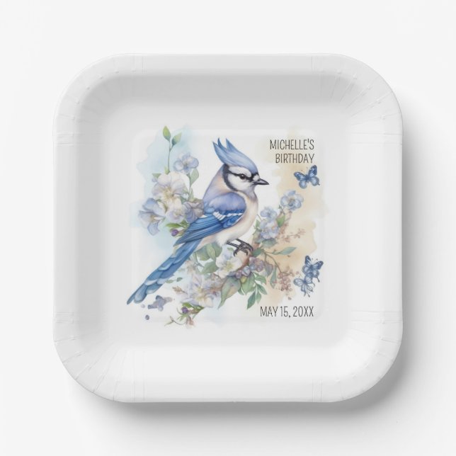 Blue Jay Bird Flowers Springtime Birthday Name Paper Plates (Front)