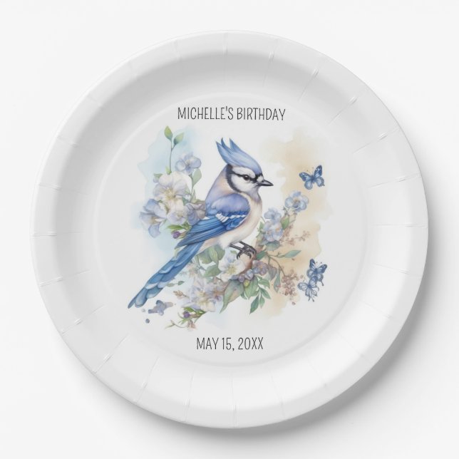 Blue Jay Bird Flowers Springtime Birthday Name Paper Plates (Front)