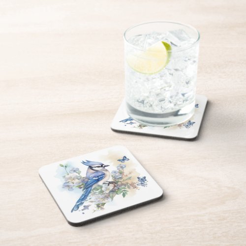 Blue Jay Bird Flowers Springtime Drinks Beverages Beverage Coaster