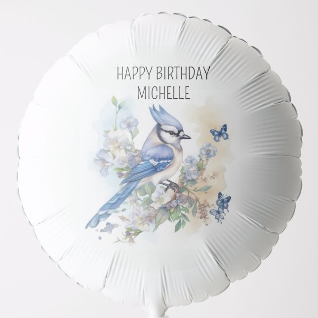 Blue Jay Bird Flowers Springtime Happy Birthday  Balloon (Front)