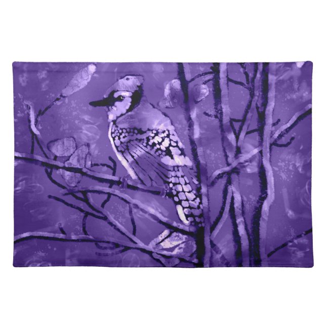 Blue Jay Bird on Tree Branch Abstract Art Purple Cloth Placemat (Front)