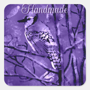Blue Jay Bird on Tree Branch Handmade Square Sticker