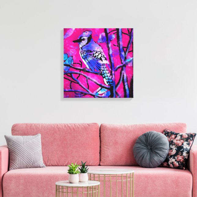 Blue Jay Bird on Tree Branch Pink Abstract Art  Canvas Print (Insitu(LivingRoom))